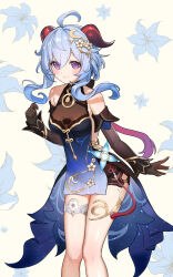 Rule 34 | 1girl, absurdres, ahoge, bare shoulders, bell, black dress, black gloves, blue dress, blue hair, blush, bow, breasts, commentary request, detached sleeves, dress, ganyu (genshin impact), ganyu (twilight blossom) (genshin impact), genshin impact, gloves, gradient dress, hair ornament, highres, horns, long hair, long sleeves, looking at viewer, medium breasts, mo (mo80 rr), neck bell, official alternate costume, official alternate hairstyle, purple eyes, sideless dress, sidelocks, smile, solo, standing, thighs, vision (genshin impact)