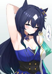 Rule 34 | 1girl, absurdres, animal ears, armpits, blue eyes, blue hair, blush, breasts, cleavage, closed mouth, collarbone, commentary request, dark blue hair, earrings, hair between eyes, hair ornament, highres, horse ears, horse girl, jewelry, kumiyabe, long hair, looking at viewer, medium breasts, mole, mole under eye, presenting armpit, simple background, single earring, solo, translation request, umamusume, uniform, verxina (umamusume), white background