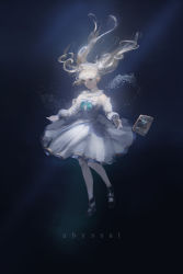 Rule 34 | 1girl, air bubble, barbara (genshin impact), bare shoulders, black footwear, blonde hair, blue eyes, book, bubble, closed mouth, dress, english text, eyelashes, frilled sleeves, frills, genshin impact, green neckwear, highres, light rays, long eyelashes, long hair, looking at viewer, solo, submerged, thighhighs, twintails, underwater, white dress, white headwear, white thighhighs, wolflower