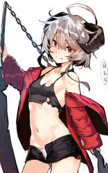 Rule 34 | 1girl, ahoge, black shorts, chain, contrapposto, cowboy shot, crop top, demon horns, grey hair, hair between eyes, holding, holding sword, holding weapon, horns, jacket, looking at viewer, mole, mole under eye, navel, open clothes, open fly, open jacket, original, parted lips, red jacket, short hair with long locks, short shorts, shorts, sketch, smile, solo, standing, sword, torn clothes, tsurime, weapon, yuuji (yukimimi)
