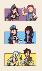 Rule 34 | 6+girls, absurdres, alternate costume, black hair, blue eyes, blue hair, braid, breasts, brown eyes, brown hair, caitlyn (league of legends), chest harness, cleavage, closed eyes, colored skin, crossover, cupcake, drooling, flexing, food, fork, fruit, gloves, hands on own hips, hands on own cheeks, hands on own face, harness, hat, headgear, highres, jinx (league of legends), league of legends, leng ya, lipstick, makeup, midriff, multiple girls, muscular, muscular female, navel, officer caitlyn, officer vi, official alternate costume, open mouth, overwatch, overwatch 1, parted lips, pink hair, police, police hat, police uniform, policewoman, purple eyes, purple hair, purple skin, red hair, red lips, saliva, sharp teeth, smile, star-shaped pupils, star (symbol), strawberry, symbol-shaped pupils, tattoo, teeth, tracer (overwatch), trait connection, uniform, vi (league of legends), widowmaker (overwatch), yellow eyes, zarya (overwatch)