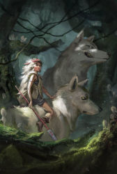 Rule 34 | 1girl, absurdres, animal, bare shoulders, breasts, brown eyes, brown hair, closed mouth, commentary, creature, earrings, english commentary, facepaint, facial mark, forest, fur, highres, ian macdonald, jewelry, kodama, looking at viewer, mask, mononoke hime, moro (mononoke hime), moro no kimi, nature, necklace, polearm, riding, riding animal, san (mononoke hime), short hair, smile, spear, tooth necklace, tree, weapon, white wolf, wolf