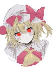 Rule 34 | 1girl, :o, absurdres, amagi xx, ascot, bad id, bad pixiv id, blonde hair, blush, bow, commentary request, flandre scarlet, frilled shirt collar, frills, glowing, glowing eyes, hair between eyes, hat, hat ribbon, highres, mob cap, oekaki, open mouth, puffy sleeves, red bow, red eyes, red ribbon, red vest, ribbon, short hair, simple background, solo, touhou, upper body, vest, white background, white hat, yellow ascot