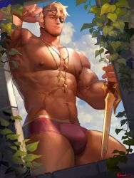 Rule 34 | 1boy, abs, bara, beard stubble, blonde hair, bulge, cloud, coin, day, eugene kidd, eyepatch, facial hair, from below, gold coin, highres, holding, holding sword, holding weapon, large pectorals, looking ahead, male focus, male underwear, mature male, medium sideburns, muscular, muscular male, navel, navel hair, nipples, one eye covered, original, outdoors, pectorals, pink male underwear, powerlesssong, short hair, sky, solo, stomach, stubble, sword, thick eyebrows, thighs, topless male, twitter username, underwear, weapon
