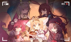 Rule 34 | 5girls, absurdres, amiya (arknights), animal ears, arknights, battery indicator, black gloves, blonde hair, brown hair, cake, chinese commentary, closed mouth, commentary request, crown, dated commentary, eyepatch, food, fox ears, fox girl, fox tail, gloves, green eyes, grey hair, hair ornament, hairclip, highres, infection monitor (arknights), kal&#039;tsit (arknights), kitsune, kyuubi, long hair, looking at viewer, lynx ears, lynx girl, material growth, multiple girls, multiple tails, open mouth, oripathy lesion (arknights), popukar (arknights), purple eyes, purple hair, rabbit ears, rabbit girl, recording, shamare (arknights), shio (shiofeifei), short hair, single glove, suzuran (arknights), tail, viewfinder, yellow eyes
