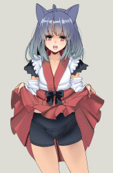 Rule 34 | 1girl, ahoge, animal ears, bike shorts, blunt bangs, clothes lift, detached sleeves, grey hair, hakama, hakama lift, hakama skirt, highres, japanese clothes, kouno (masao), lifting own clothes, looking at viewer, nontraditional miko, open mouth, original, red eyes, simple background, skirt, skirt lift, solo, standing