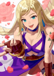 Rule 34 | 1girl, aqua eyes, arm tattoo, blonde hair, breasts, cleavage, dress, fatal fury, fingerless gloves, garou: mark of the wolves, gloves, hand on leg, hand on own leg, hand on own thigh, highres, jenet behrn, large breasts, leaning forward, legs, long hair, open mouth, petals, rose petals, smile, snk, tattoo, the king of fighters, the king of fighters xv, thighs
