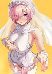 Rule 34 | 1girl, alternate costume, bad id, bad pixiv id, bare shoulders, blush, breasts, bridal veil, cross-laced clothes, dress, fate/grand order, fate (series), fingerless gloves, garter straps, gloves, hair over one eye, hand on own chest, highres, jewelry, large breasts, leotard, light purple hair, looking at viewer, mash kyrielight, open mouth, purple eyes, reaching, reaching towards viewer, ring, short hair, solar (happymonk), solo, thighhighs, veil, wedding band, wedding dress, white leotard, white thighhighs, wrist cuffs, yellow background