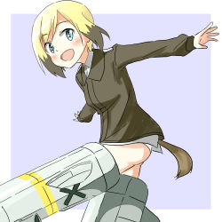 Rule 34 | 1girl, blonde hair, blue eyes, blush, dog tail, erica hartmann, hatopoo (beach7pijon), military, military uniform, multicolored hair, open mouth, outstretched hand, panties, short hair, solo, strike witches, striker unit, tail, two-tone hair, underwear, uniform, world witches series