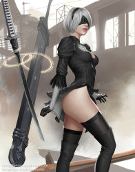 Rule 34 | 1girl, black dress, black footwear, black thighhighs, blindfold, boots, dress, emanuel mendez, feather-trimmed sleeves, hairband, highres, mole, mole under mouth, nier (series), nier:automata, pelvic curtain, silver hair, solo, sword, thigh boots, thighhighs, weapon, 2b (nier:automata)