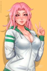 Rule 34 | 1girl, arms behind back, artist name, blush, breasts, chloe (sciamano240), cleavage, collarbone, commentary, green jacket, highres, jacket, large breasts, long hair, looking at viewer, original, parted bangs, pink eyes, pink hair, sciamano240, signature, simple background, solo, upper body, v, white jacket