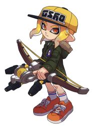 Rule 34 | 1girl, baseball cap, bow (weapon), closed mouth, coat, commentary request, cross-laced footwear, eyebrow cut, full body, fur-trimmed coat, fur trim, green coat, hat, highres, holding, holding bow (weapon), holding weapon, ikki (gsl 9708), korean commentary, medium hair, nintendo, octoling, octoling girl, octoling player character, orange eyes, orange footwear, print headwear, shoes, simple background, socks, solo, splatoon (series), splatoon 3, standing, tentacle hair, tri-stringer (splatoon), weapon, white background, white socks, yellow hat