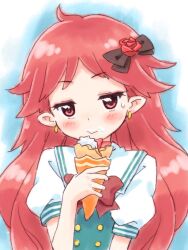 Rule 34 | 1girl, blush, bow, closed mouth, commentary request, crepe, earrings, flower, food, food on face, hair flower, hair ornament, hand up, highres, holding, holding food, ikzw, jewelry, long hair, looking at viewer, pointy ears, puffy short sleeves, puffy sleeves, red eyes, red flower, red hair, red rose, rilu rilu fairilu, rose, rose (fairilu), shirt, short sleeves, solo, sweatdrop, upper body, white shirt