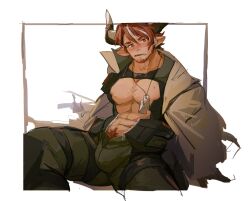 Rule 34 | 1boy, abs, animal ears, arknights, bara, beard, bodysuit, bulge, chest harness, chinstrap beard, cow boy, cow ears, cow horns, cropped legs, dog tags, facial hair, green bodysuit, harness, head tilt, highres, horns, humus (arknights), large bulge, large pectorals, looking at viewer, male focus, male pubic hair, mature male, multicolored hair, muscular, muscular male, naughty face, navel hair, open mouth, pectorals, pubic hair, pubic hair peek, red hair, short hair, solo, sparse chest hair, spread legs, stomach, streaked hair, sweat, thick eyebrows, thick thighs, thighs, v-taper, xyuu