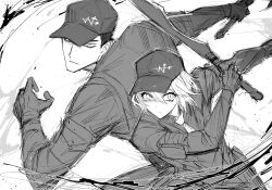 Rule 34 | 1boy, 1girl, arm strap, attack, back-to-back, baseball cap, blood, collared shirt, don quixote (project moon), gloves, greyscale, hair between eyes, hat, highres, holding, holding weapon, limbus company, long sleeves, machete, meursault (project moon), monochrome, necktie, project moon, remsrar, shirt, short hair, sketch, slit pupils, vest, weapon