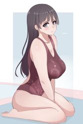 Rule 34 | ..., 1girl, arms between legs, breasts, cleavage, competition swimsuit, folait, highres, knees together feet apart, large breasts, looking at viewer, mole, mole on arm, one-piece swimsuit, original, sitting, swimsuit, v arms, wariza