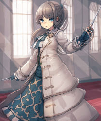 Rule 34 | 1girl, ascot, bad id, bad tumblr id, bee (deadflow), blue eyes, coat, dress, dual wielding, fencer (tree of savior), gloves, holding, long hair, open mouth, original, ponytail, rapier, silver hair, solo, sword, swordman (tree of savior), tree of savior, weapon, window