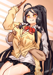 Rule 34 | 1girl, ara haan, berg-yb, black hair, blush, bow, breasts, cleavage, elsword, groping, licking lips, long hair, phone, sitting, sitting on lap, sitting on person, taking picture, tongue, tongue out, uniform, yellow eyes
