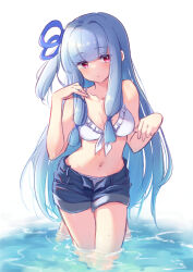 Rule 34 | 1girl, bikini, bikini top only, blue hair, blue shorts, breasts, closed mouth, collarbone, commentary request, facing viewer, hakushi (empty blanc), hands up, highres, kotonoha aoi, long hair, looking ahead, low-tied sidelocks, navel, one side up, open fly, red eyes, short shorts, shorts, sidelocks, small breasts, solo, standing, swimsuit, very long hair, voiceroid, wading, white bikini