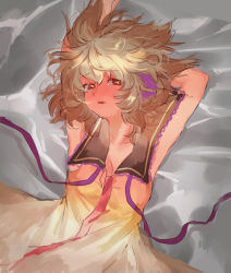 Rule 34 | 1girl, armpits, arms up, blonde hair, blush, breasts, brown eyes, cleavage, highres, looking at viewer, lying, masanaga (tsukasa), nose blush, on back, open mouth, sleeveless, small breasts, solo, sweat, touhou, toyosatomimi no miko, upper body