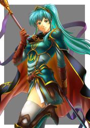 Rule 34 | 1girl, aduti momoyama, armor, black cape, blue eyes, blue hair, boots, breastplate, brown footwear, brown gloves, cape, closed mouth, earrings, eirika (fire emblem), elbow gloves, faulds, fire emblem, fire emblem: the sacred stones, fire emblem heroes, gloves, greaves, high heel boots, high heels, highres, holding, holding polearm, holding weapon, jewelry, leg up, light blue hair, long hair, looking at viewer, multicolored cape, multicolored clothes, nintendo, official alternate costume, polearm, ponytail, red cape, shoulder armor, sidelocks, skindentation, smile, solo, spear, thighhighs, weapon, white thighhighs, zettai ryouiki