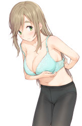Rule 34 | 1girl, black pantyhose, blue bra, blue panties, blush, bra, breasts, brown hair, cleavage, closed mouth, commentary request, fang, fang out, green eyes, highres, inuyama aoi, large breasts, leaning forward, long hair, looking at viewer, mikazuchi zeus, navel, panties, panties under pantyhose, pantyhose, sidelocks, simple background, solo, thick eyebrows, underwear, underwear only, white background, yurucamp