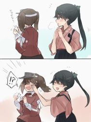 Rule 34 | !?, 10s, 2girls, annin musou, bad id, bad twitter id, black hair, brown eyes, brown hair, comic, commentary request, closed eyes, fang, floral print, grey eyes, hair ribbon, hakama, hakama skirt, hand on another&#039;s cheek, hand on another&#039;s face, highres, houshou (kancolle), japanese clothes, kantai collection, kariginu, kimono, long hair, long sleeves, multiple girls, open mouth, own hands together, ponytail, ribbon, ryuujou (kancolle), shikigami, skirt, smile, spoken interrobang, surprised, tears, translation request, twintails, visor cap, white background, wide sleeves