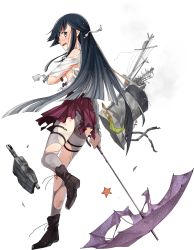 Rule 34 | 1girl, bad id, bad twitter id, black hair, blush, boots, bow, bowtie, cross-laced footwear, damaged, dress, embarrassed, fujikawa, full body, gradient hair, grey hair, grey pantyhose, hair ribbon, hayashimo (kancolle), kantai collection, lace-up boots, long hair, machinery, multicolored hair, official art, panties, panties under pantyhose, pantyhose, profile, ribbon, school uniform, shirt, sleeveless, sleeveless dress, smoke, solo, starfish, torn clothes, torn pantyhose, torn shirt, transparent background, umbrella, underwear, very long hair, wavy mouth, white shirt