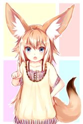 Rule 34 | &gt;:o, 1girl, :o, absurdres, animal ears, blonde hair, blue eyes, camisole, fox ears, fox tail, hand on own hip, highres, long hair, looking at viewer, original, pointing, pointing at viewer, scolding, shirt, short sleeves, solo, sukemyon, tail, undershirt, v-shaped eyebrows