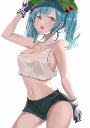 Rule 34 | 1girl, arm up, bare arms, bare shoulders, black shorts, blue eyes, blue hair, blurry, blurry foreground, blush, breasts, cleavage, cowboy shot, crop top, gloves, green hat, hair bobbles, hair ornament, hat, highres, jewelry, kawashiro nitori, key, key necklace, large breasts, looking at viewer, midriff, navel, necklace, no bra, open mouth, round teeth, satoupote, short shorts, shorts, sidelocks, simple background, solo, stomach, tank top, teeth, thighs, touhou, twintails, upper teeth only, wet, wet clothes, white background, white tank top