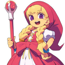 Rule 34 | 1girl, :d, blonde hair, braid, commentary request, dragon quest, dragon quest xi, hand on own hip, holding, holding staff, long hair, looking at viewer, metata, open mouth, purple eyes, simple background, smile, solo, staff, teeth, twin braids, upper teeth only, veronica (dq11), white background