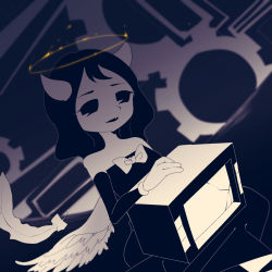Rule 34 | 1girl, alice (bendy and the ink machine), bare shoulders, bendy and the ink machine, black hair, black lips, breasts, cleavage, detached sleeves, highres, horns, long hair, television