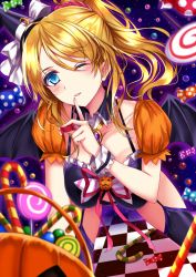 Rule 34 | 10s, 1girl, ayase eli, bad id, bad pixiv id, blue eyes, blurry, candy, checkered floor, depth of field, finger to mouth, food, halloween, hat, lollipop, long hair, love live!, love live! school idol festival, love live! school idol project, morizono shiki, one eye closed, ponytail, smile, solo, witch hat