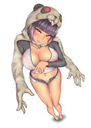 Rule 34 | 1girl, animal hood, anklet, barefoot, blue shorts, blunt bangs, blush, borrowed character, breasts, cleavage, collarbone, crop top, earrings, extra arms, eyebrows, eyelashes, from above, full body, head tilt, heart, heart-shaped pupils, highres, hood, jewelry, lanmei, large breasts, long sleeves, looking at viewer, midriff, navel, navel piercing, nikuku (kazedesune), open fly, original, piercing, pigeon-toed, pocket, purple hair, raglan sleeves, red eyes, short shorts, shorts, simple background, sketch, solo, standing, stomach, sweat, symbol-shaped pupils, tan, thigh gap, tongue, tongue out, tongue piercing, white background