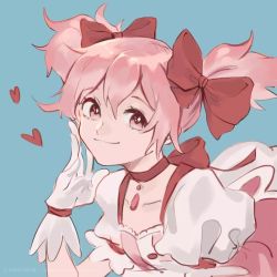 Rule 34 | 1girl, choker, close-up, closed mouth, collarbone, eyelashes, facing viewer, frilled sleeves, frills, gloves, hair between eyes, hair ribbon, hand on own cheek, hand on own face, hand up, heart, kaname madoka, light blue background, mahou shoujo madoka magica, mahou shoujo madoka magica (anime), muted color, pink eyes, pink hair, puffy short sleeves, puffy sleeves, red choker, red ribbon, ribbon, ribbon choker, short sleeves, short twintails, sideways glance, simple background, smile, solo, soul gem, symbol in eye, tareme, twintails, upper body, white gloves, xiaoxiao (15991743)