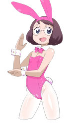 Rule 34 | 10s, 1girl, animal ears, bare shoulders, bow, bowtie, cowboy shot, cropped legs, detached collar, fake animal ears, glasses, hairband, leotard, misora inaho, ookamiuo, open mouth, pantyhose, playboy bunny, rabbit ears, rabbit tail, simple background, solo, tail, white background, white pantyhose, wrist cuffs, youkai watch