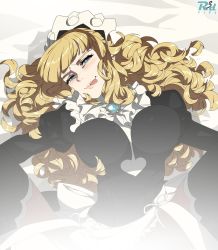 Rule 34 | 1girl, blonde hair, blue eyes, blush, breasts, charlotte (fire emblem), dress, fire emblem, fire emblem fates, highres, large breasts, long hair, long sleeves, maid, nintendo, on bed, r3dfive, sexually suggestive, tongue, tongue out