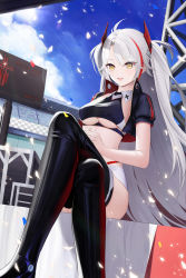 Rule 34 | 1girl, absurdres, azur lane, blue sky, boots, breasts, cloud, commentary, crossed legs, day, english commentary, grey eyes, grey hair, highres, iron blood (emblem), jacket, jacket on shoulders, latex, long hair, looking at viewer, official alternate costume, prinz eugen (azur lane), prinz eugen (final lap) (azur lane), race queen, revision, sitting, sky, smile, solo, sunlight, thigh boots, thighhighs, underboob, yellow eyes, yu (want rou nai zi)