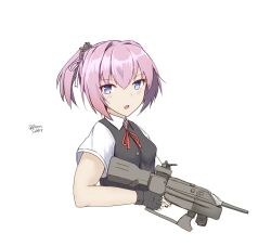 Rule 34 | 1girl, adapted turret, black gloves, black vest, blue eyes, cannon, collared shirt, commentary request, cropped torso, dress shirt, fingerless gloves, gloves, gun, kantai collection, looking at viewer, minoa 11touhei, neck ribbon, pink hair, ponytail, red ribbon, ribbon, school uniform, shiranui (kancolle), shirt, short hair, short sleeves, simple background, solo, turret, upper body, vest, weapon, white shirt