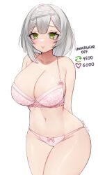 Rule 34 | 1girl, absurdres, bare shoulders, bra, braid, breasts, cleavage, collarbone, commentary request, cowboy shot, genshin impact, green eyes, groin, highres, large breasts, looking at viewer, navel, nemuaki, noelle (genshin impact), panties, parted lips, pink bra, pink panties, short hair, simple background, solo, standing, stomach, thighs, underwear, underwear only, white background, white hair