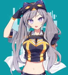 Rule 34 | 1girl, :p, animal hat, black gloves, black hat, black shorts, cat hat, closed mouth, cropped shirt, duel monster, gloves, green background, grey hair, hat, highres, i:p masquerena, long hair, looking at viewer, masquerena, midriff, nanashiba (banntlla), purple eyes, shorts, solo, tongue, tongue out, twintails, upper body, yu-gi-oh!