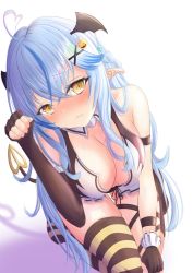 Rule 34 | 1girl, @ @, ahoge, all fours, arm strap, artist request, bare shoulders, bat hair ornament, bikini, black gloves, blue hair, blush, breasts, cleavage, collarbone, elbow gloves, elf, fingerless gloves, frills, gloves, hair between eyes, hair ornament, half updo, halloween, halloween costume, head tilt, highres, hololive, large breasts, leg ribbon, long hair, looking at viewer, paw pose, pointy ears, ribbon, single elbow glove, single fingerless glove, single thighhigh, solo, striped clothes, striped thighhighs, swimsuit, tearing up, thigh ribbon, thighhighs, thighs, virtual youtuber, wavy mouth, wrist straps, x hair ornament, yellow eyes, yukihana lamy