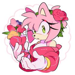 Rule 34 | 1girl, amy rose, animal ears, animal nose, bare shoulders, blush, bouquet, bracelet, breasts, commentary, eyelashes, flower, furry, furry female, gloves, gold bracelet, green eyes, green hairband, hairband, hands up, hedgehog ears, hedgehog girl, highres, holding, holding bouquet, hood, hoodie, jewelry, leaf, long sleeves, looking to the side, medium breasts, off shoulder, open clothes, open hoodie, open mouth, orange flower, pink flower, pink fur, pink hoodie, pink rose, puffy long sleeves, puffy sleeves, purple flower, rose, shirt, simple background, sleeveless, sleeveless shirt, solo, sonic (series), symbol-only commentary, t-shirt, tulip, turtleneck, upper body, weon1119, white background, white gloves, white shirt