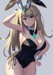 Rule 34 | 1girl, absurdres, animal ears, arm behind head, arm up, armpits, bare shoulders, black leotard, blonde hair, blush, bow, bowtie, breasts, chest jewel, cleavage, detached collar, fake animal ears, highleg, highleg leotard, highres, large breasts, leotard, long hair, looking at viewer, mythra (xenoblade), playboy bunny, rabbit ears, shiratamaaji, smile, solo, swept bangs, thighs, tiara, wrist cuffs, xenoblade chronicles (series), xenoblade chronicles 2, yellow eyes