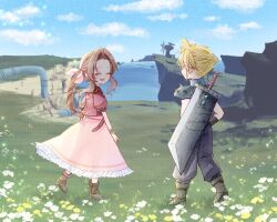 Rule 34 | 1boy, 1girl, aerith gainsborough, armor, baggy pants, bangle, black footwear, blonde hair, blue eyes, blue pants, blue shirt, bluelimbo8888, boots, bracelet, braid, braided ponytail, brown footwear, brown hair, buster sword, closed eyes, cloud strife, cropped jacket, dress, field, final fantasy, final fantasy vii, final fantasy vii rebirth, final fantasy vii remake, flower, flower field, hair ribbon, jacket, jewelry, long dress, long hair, looking at another, materia, nature, open mouth, outdoors, pants, parted bangs, pink dress, pink ribbon, puffy short sleeves, puffy sleeves, red jacket, ribbon, shirt, short hair, short sleeves, shoulder armor, sidelocks, single braid, sleeveless, sleeveless turtleneck, smile, spiked hair, turtleneck, walking, wavy hair, weapon, weapon on back