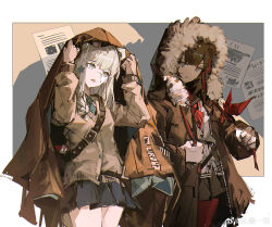 Rule 34 | 2girls, absurdres, animal ears, aqua necktie, arknights, bare legs, bear ears, bear girl, belt, black sailor collar, black skirt, border, brown background, brown belt, brown cardigan, brown coat, brown hair, brown jacket, cardigan, chinese commentary, closed mouth, coat, collared shirt, commentary request, cowboy shot, fur-trimmed hood, fur trim, grey eyes, grey hair, grey skirt, hands up, highres, hood, hood up, istina (arknights), jacket, jacket on shoulders, monocle, multicolored hair, multiple girls, neckerchief, necktie, open mouth, pantyhose, pleated skirt, poster (object), qiumoyixing, red hair, red neckerchief, red pantyhose, sailor collar, shirt, short hair, simple background, sketch, skirt, streaked hair, weibo watermark, white shirt, zima (arknights)