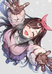 Rule 34 | 1girl, ^ ^, arms up, blush, bow, breasts, brown gloves, brown hair, closed eyes, coat, from above, fur-trimmed coat, fur trim, gloves, hair bow, highres, idolmaster, idolmaster shiny colors, large breasts, long hair, otsudou, outstretched arms, pink coat, smile, snowing, solo, tsukioka kogane, very long hair