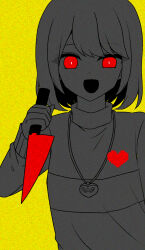 Rule 34 | 0725akaba, 1other, :d, chara (undertale), hand up, heart, highres, holding, holding knife, knife, long sleeves, looking at viewer, open mouth, other focus, pixelated, red eyes, simple background, sleeves past wrists, smile, solo, undertale, upper body, yellow background
