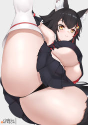 Rule 34 | 1girl, :3, animal ear fluff, animal ears, areola slip, arm up, armpits, ass, ass focus, bare shoulders, black hair, black panties, black shirt, black skirt, breasts, covered erect nipples, crop top, crop top overhang, detached sleeves, hair ornament, hairclip, highres, hololive, large breasts, leg lift, leg up, lifting own clothes, lo xueming, long hair, looking at viewer, miniskirt, multicolored hair, no bra, ookami mio, ookami mio (1st costume), panties, pleated skirt, shirt, skirt, sleeveless, sleeveless shirt, solo, streaked hair, thighhighs, underboob, underwear, virtual youtuber, white background, white thighhighs, wolf ears, yellow eyes