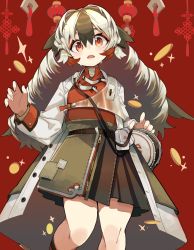 Rule 34 | 1girl, absurdres, arknights, black hair, brown skirt, coat, feet out of frame, grey hair, hair between eyes, hair intakes, highres, long hair, looking at viewer, multicolored hair, open clothes, open coat, open mouth, orange eyes, red background, red shirt, shirt, skirt, snowsant (arknights), socks, solo, sweatdrop, vegetable noda, white coat, white hair